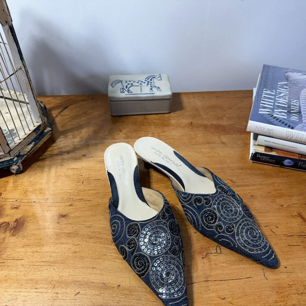 Andre Assous Denim Mules with Beading Womens's sz 9 Made in Italy - Picture 1 of 7